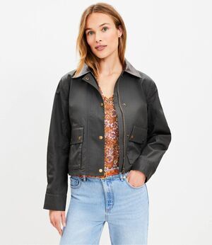 Loft $160 Women's Faux Leather Collar Trim Snap Button Barn Jacket Gray Brown L